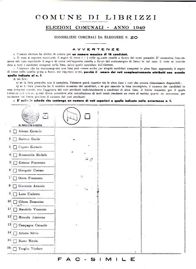 ac-simile della lista "operosità e concordia" - elezioni amministrative librizzi anno 1949 